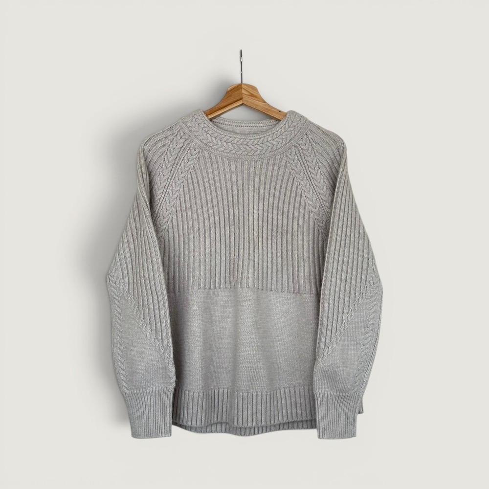 Maeve White Light Gray Cable Knit Sweater Cabincore Hyggestyle Granolacore